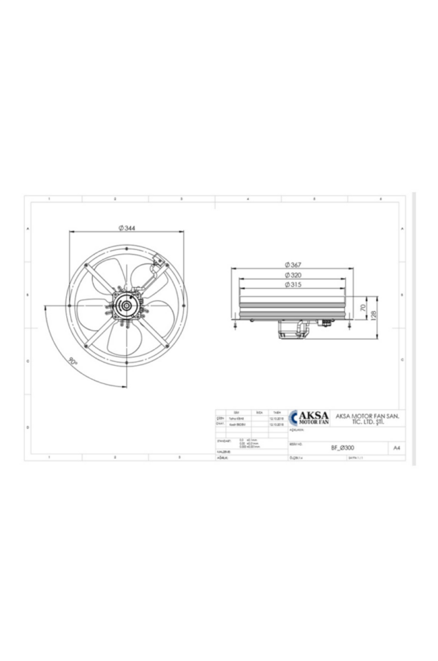 Aircol 350 BF Monofaze Sac Gövdeli Sanayi Tipi Aksiyal Fan 80W 2600m3/h