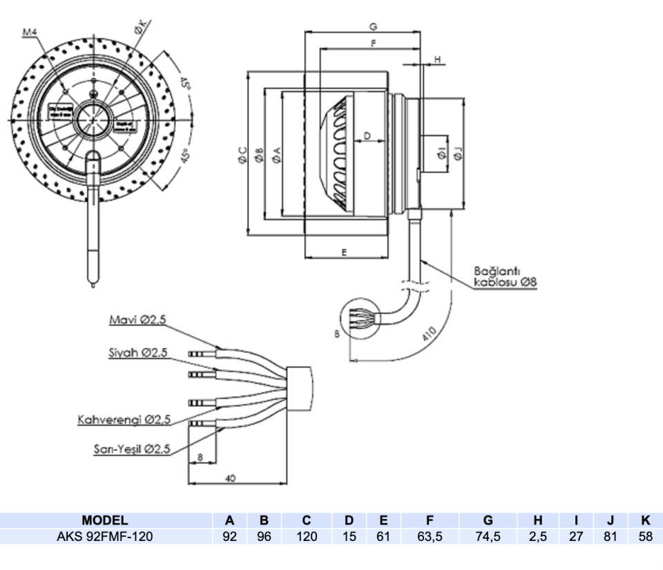 Aircol AKS 92-FMF-120 Monofaze Sanayi Tipi İleri Eğilimli Radyal Fan 80W 250m3/h