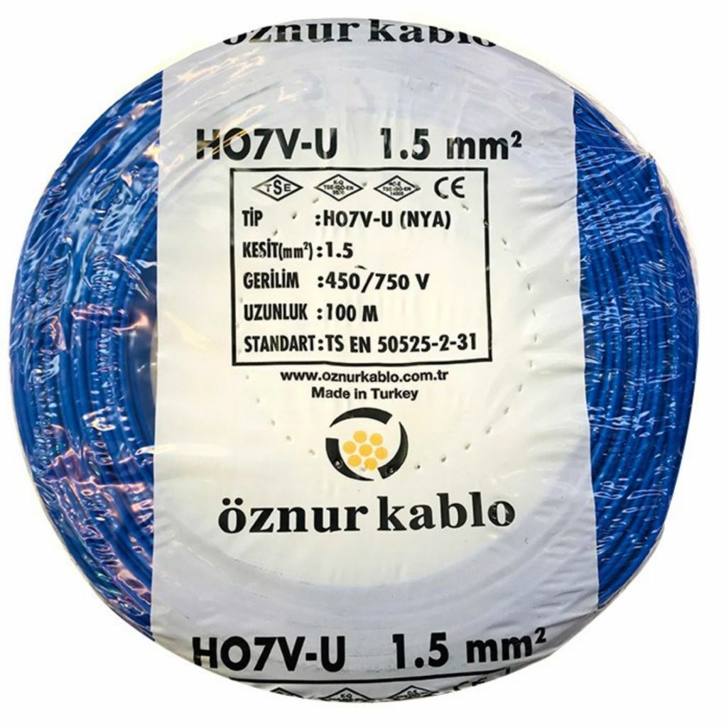 Öznur Kablo 1,5 mm Nya Tek Damarlı Yanmaz Bakır Elektrik Kablosu Mavi 100 Metre