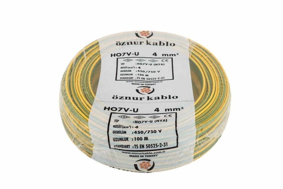 Öznur Kablo 4 mm Nya Tek Damarlı Yanmaz Bakır Elektrik Kablosu Sarı Yeşil 100 Metre