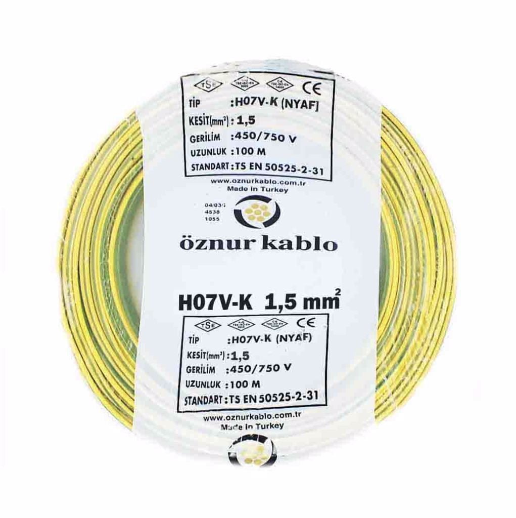Öznur Kablo 1,5 mm Nyaf Tek Damarlı Yanmaz Bakır Elektrik Kablosu Sarı Yeşil 100 Metre