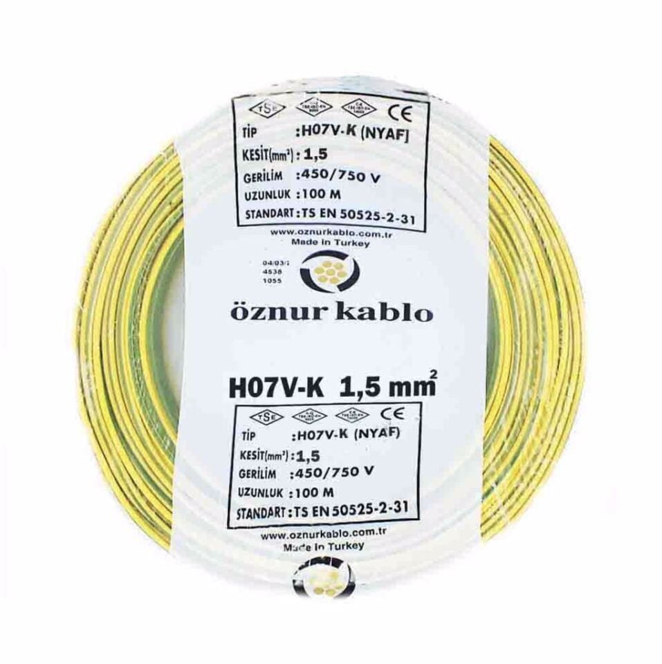 Öznur Kablo 1,5 mm Nyaf Tek Damarlı Yanmaz Bakır Elektrik Kablosu Sarı Yeşil 100 Metre