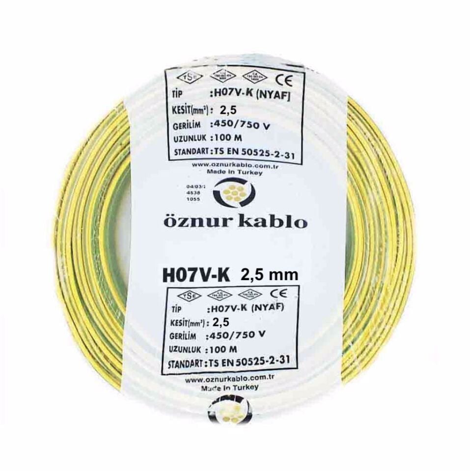 Öznur Kablo 2,5 mm Nyaf Tek Damarlı Yanmaz Bakır Elektrik Kablosu Sarı Yeşil 100 Metre