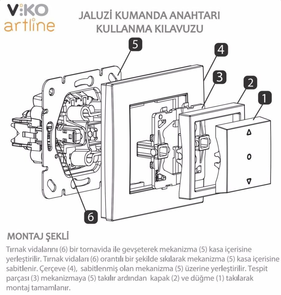 Viko Artline Novella Tek Düğmeli Jaluzi Kumanda Anahtarı Mekanizma + Kapak 92605372 Antrasit