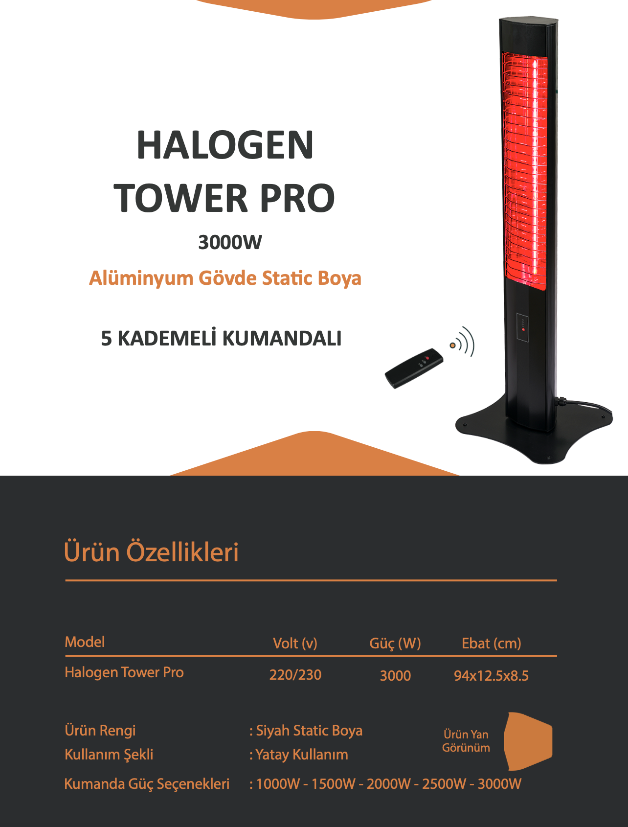 Ardonat 3000W Kumandalı Dikili Tipi Dış Mekan Kafe Restoran Isıtıcı Devrilme Emniyetli Halogen Black