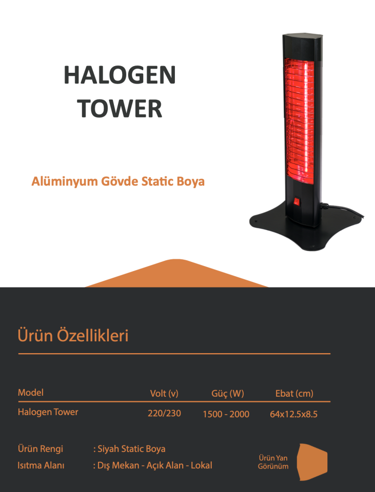Ardonat 3000W Dikili Tipi Dış Mekan Kafe Restoran Isıtıcı Devrilme Emniyetli Halogen Black