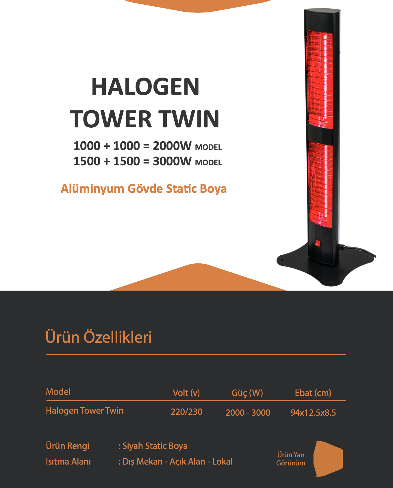 Ardonat 3000W Dikili Tipi Dış Mekan Kafe Restoran Isıtıcı Çift Gözlü Devrilme Emniyetli Halogen Black