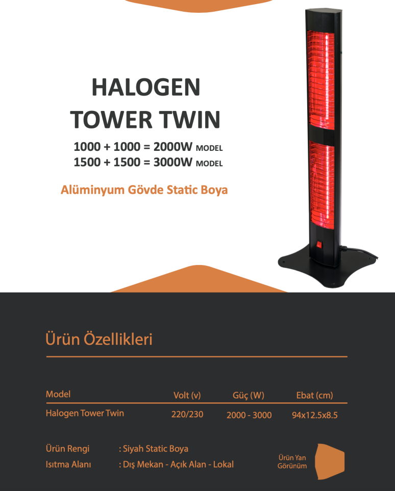 Ardonat 3000W Dikili Tipi Dış Mekan Kafe Restoran Isıtıcı Çift Gözlü Devrilme Emniyetli Halogen Black