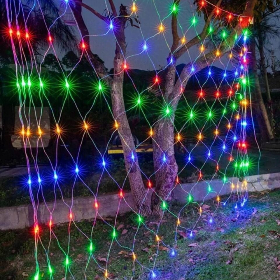 Animasyonlu Balıkçı Ağı Renkli Led Yılbaşı Süsü 1,5x1,5 Metre 240 Ledli Ağ Yılbaşı Ağacı Süsü Şeffaf Kablo SNC-414-1