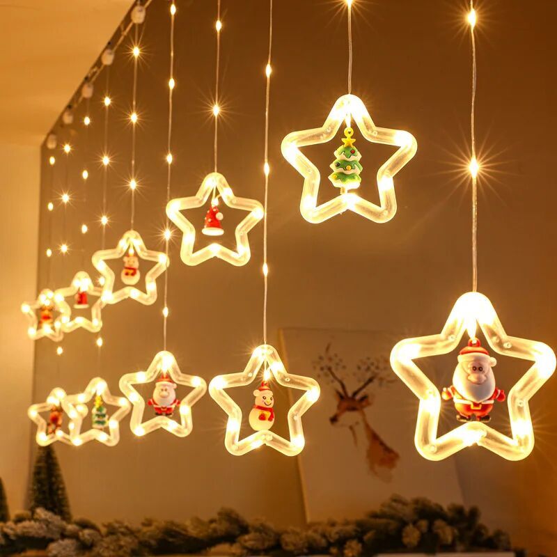 Animasyonlu Noel Baba ve Çam Yıldız Set Led Yılbaşı Perde Süsü 60-90 Cm 3 Metre Noel Baba ve Çam Yıldız Yılbaşı Süsü SNC-620