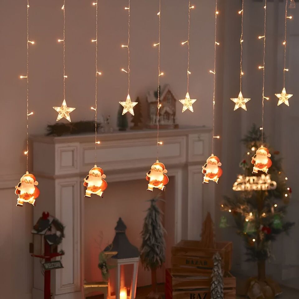 Animasyonlu Noel Baba ve Yıldız Set Led Yılbaşı Perde Süsü 60-90 Cm 3 Metre Noel Baba ve Yıldız Yılbaşı Süsü SNC-629
