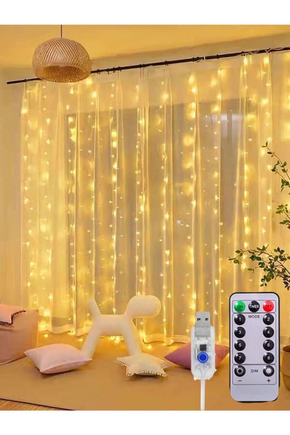 Kumandalı 8 Fonksiyonlu Led Perde Yılbaşı Süsü 3x3 Metre 10 Dallı Perde Yılbaşı Ağacı Süsü Fiş Tipi SNC-638