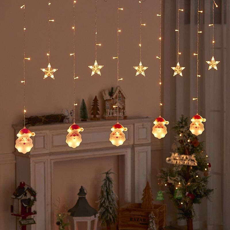 Animasyonlu Noel Baba ve Yıldız Set Led Yılbaşı Perde Süsü 60-90 Cm 3 Metre Noel Baba ve Yıldız Yılbaşı Süsü SNC-706